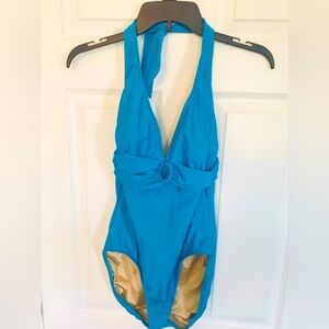 NIKI Wior Teal Deep V Neck Buckle One Piece Bathing Suit Plus Size 14